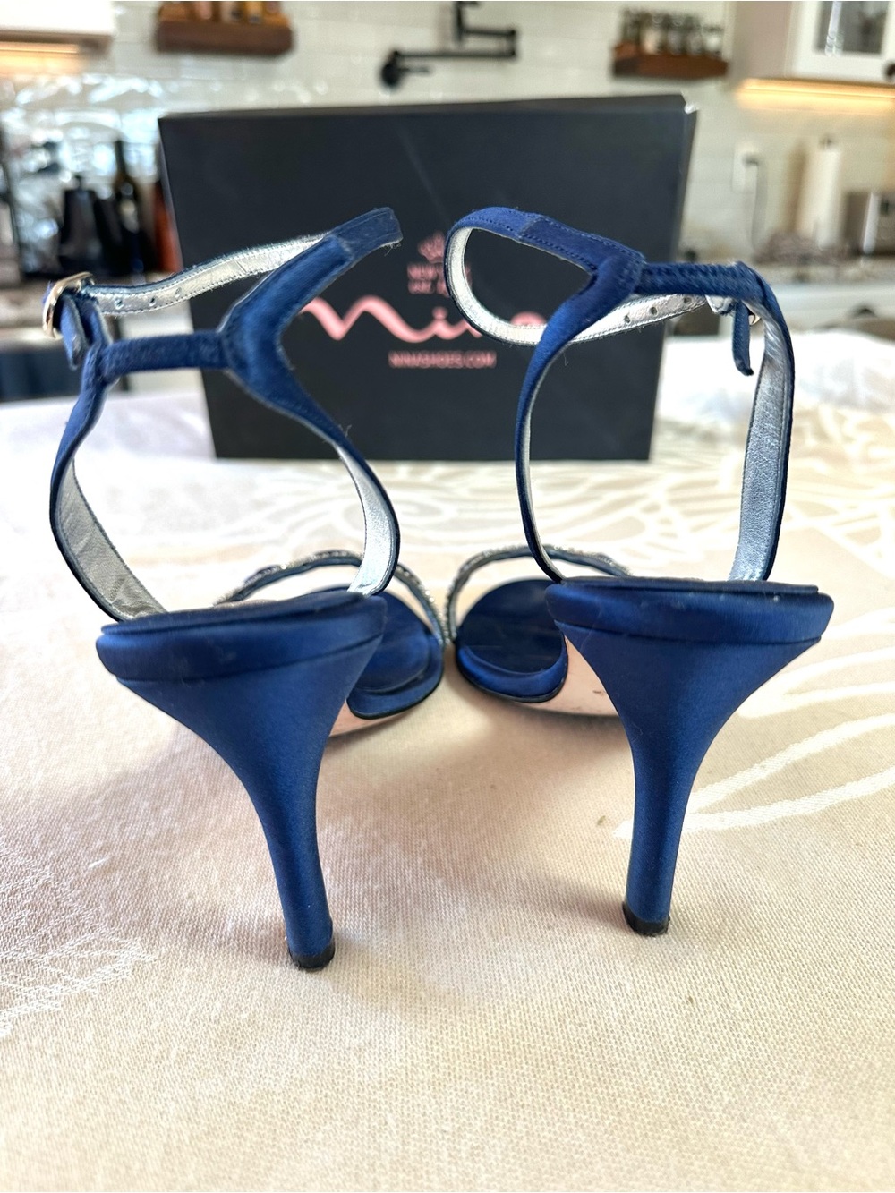 Nina Vasek Blue Satin Rhinestone Ankle Strap Heels Size 9 - Picture 3 of 9